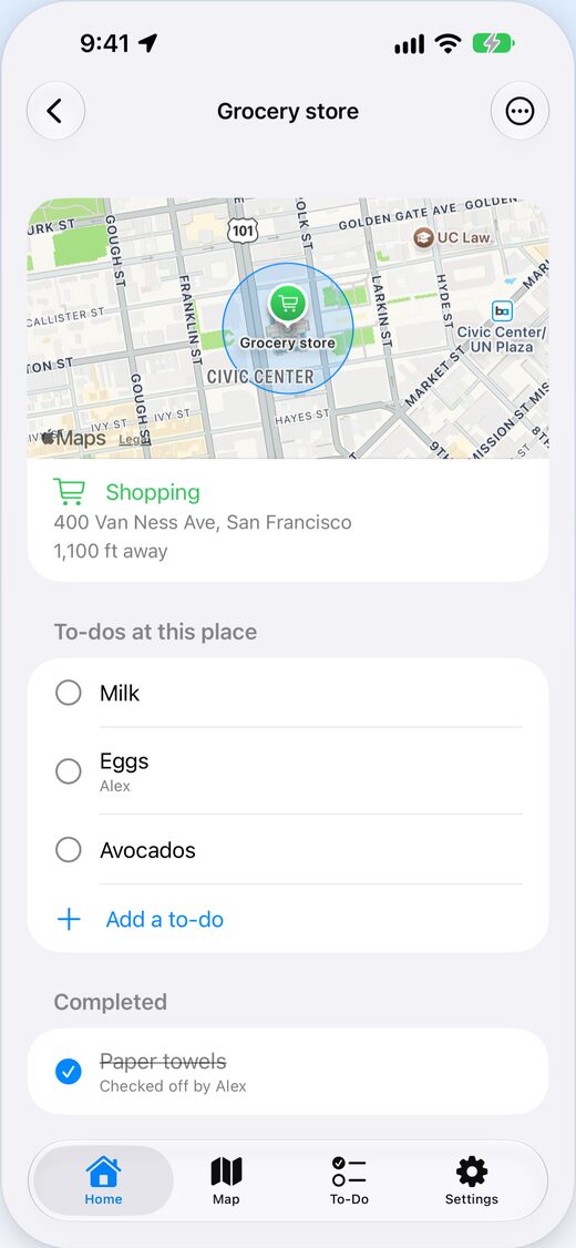 The grocery store's to-dos: milk, eggs assigned to Alex, and avocados, with paper towels checked off by Alex